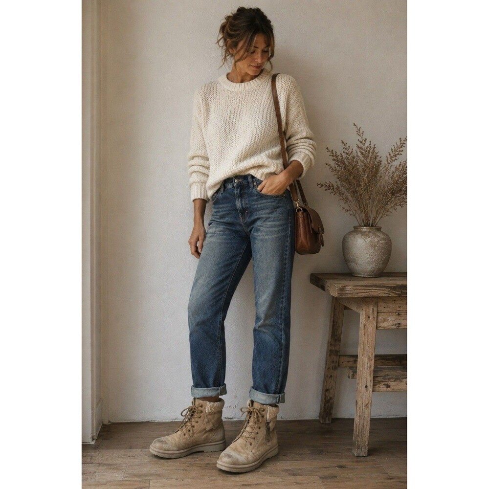 Cliffs by White Mountain Womens 6.5 Taupe Lace Up Combat Boots Sweater Cuff Hike